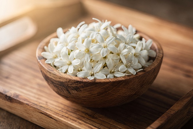 kvety santalovniku bileho v misce